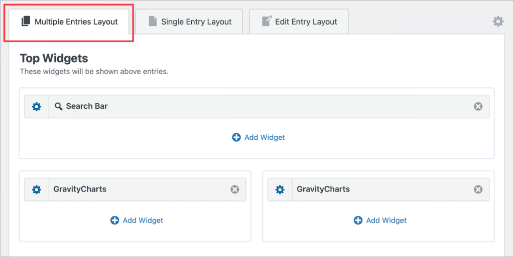 The GravityView editor; the 'Top Widgets' area is in View and there is a search bar widget at the top and t