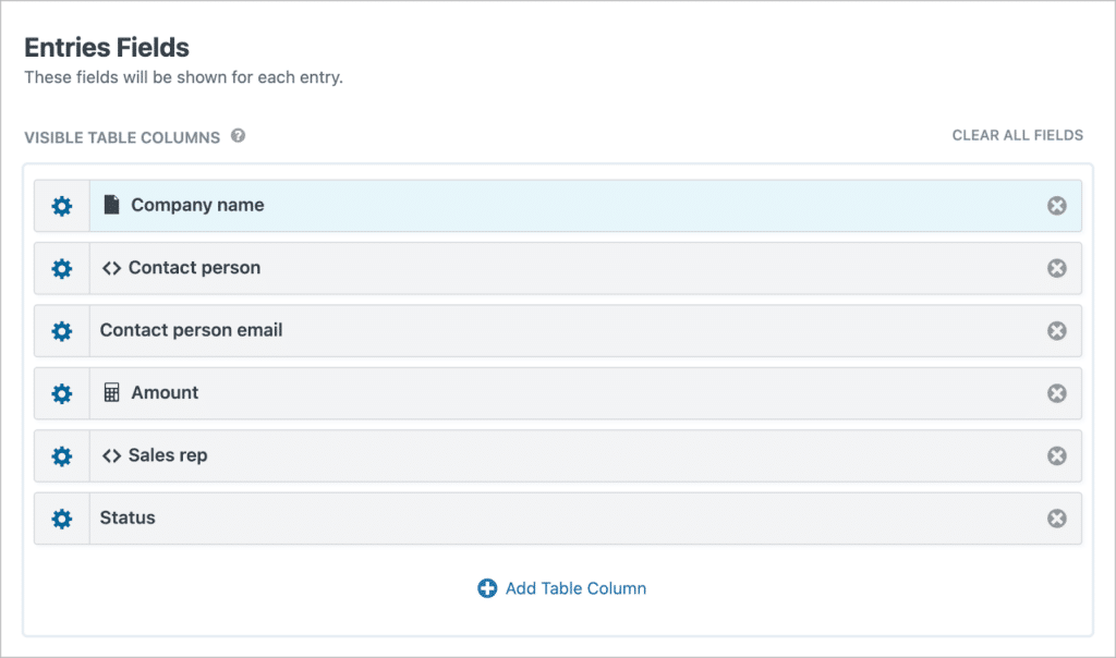 The 'Entries Fields' section of the View editor; here there are fields for company name, contact person, contact person email, amount, sales rep, status