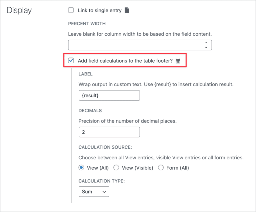 The field settings in GravityView; there is a checkbox labeled 'Add field calculations to the table footer'