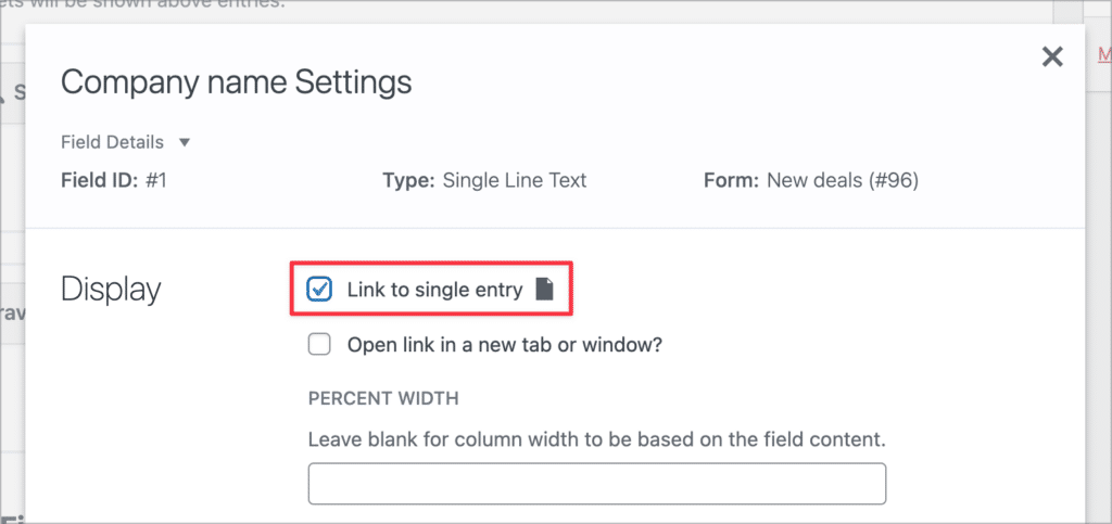 The field settings for the 'Company name' field in GravityView; there is a checkbox labeled 'Link to single entry'