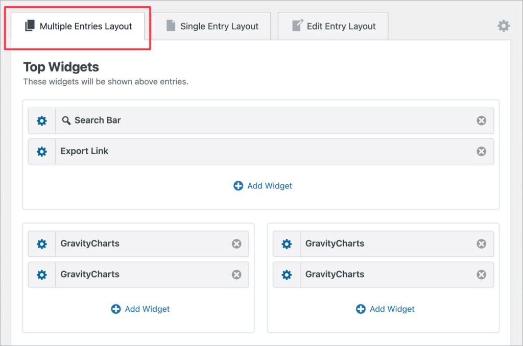 The GravityView editor; the 'Top Widgets' area in is view. There is a search bar and export link widget at the top, with 4 GravityCharts widgets below, on either side