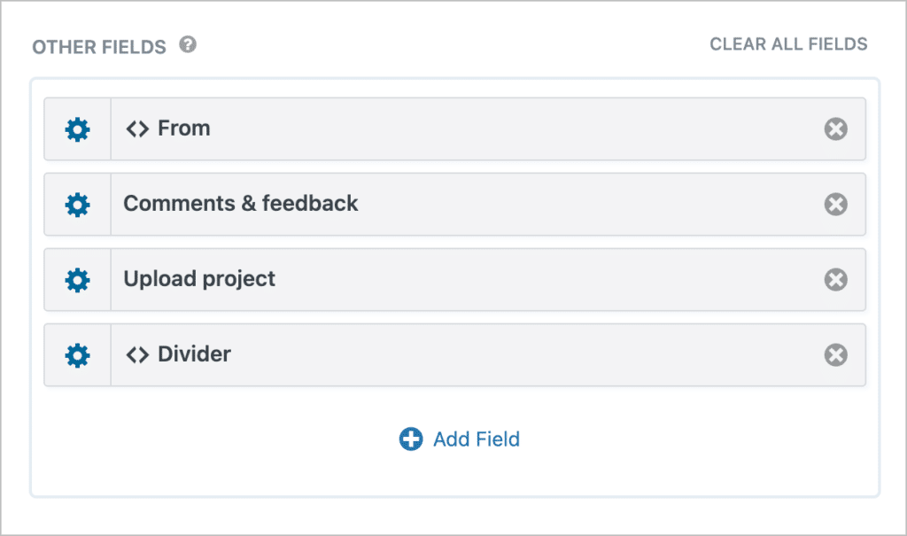 The following fields added to the GravityView editor: 'From', 'Comments & feedback', 'Upload project', 'Divider'.