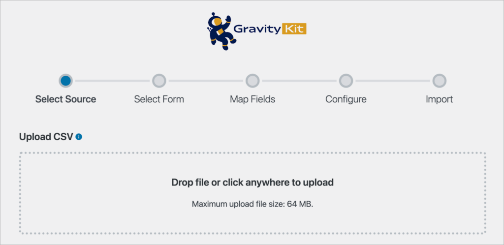 The Import Entries screen in Gravity Forms; there is a box for uloading a CSV file