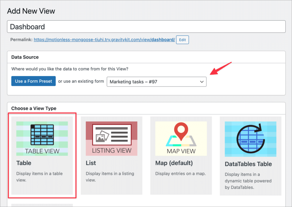 The View creation screen; there's an arrow pointing to the 'Data source' dropdown which is set to 'Marketing tasks'; the View Type is set to 'Table'.