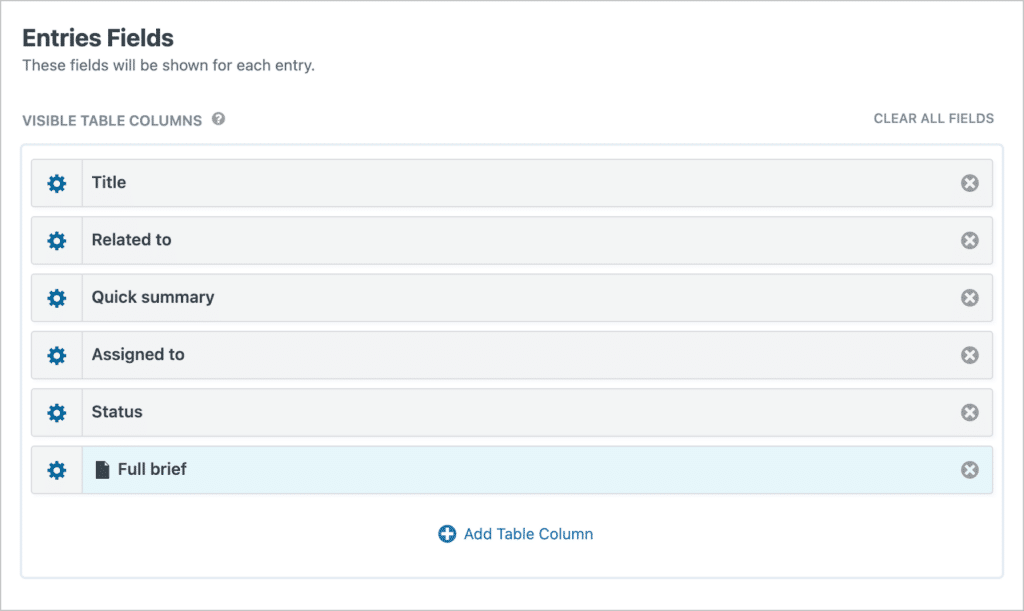 The Entries Fields of the View editor; there are 6 fields added here.