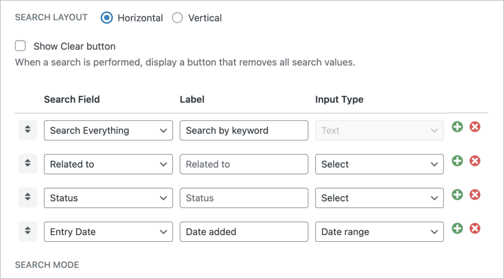 The Search bar configuration settings