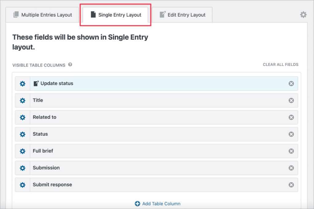 The Single Entry Layout in GravityView; there are 7 fields added here.