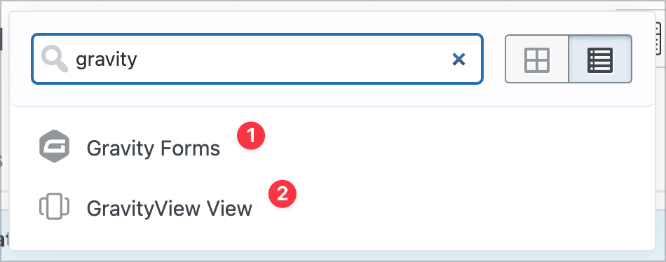 The 'Gravity Forms' and 'GravityView View' fields in the GravityView editor