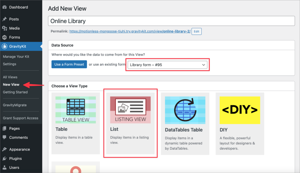 The 'Add New View' configuration screen; on the page is a dropdown to select a data source, as well as the option to choose a View Type; the "List" View Type is highlighted