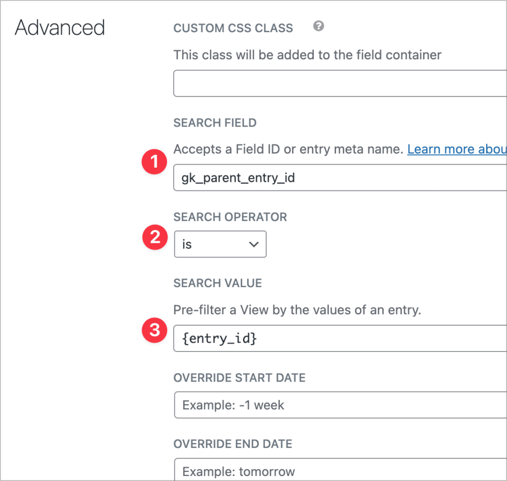 The advanced settings for the GravityView View field'; here there is a search condition added