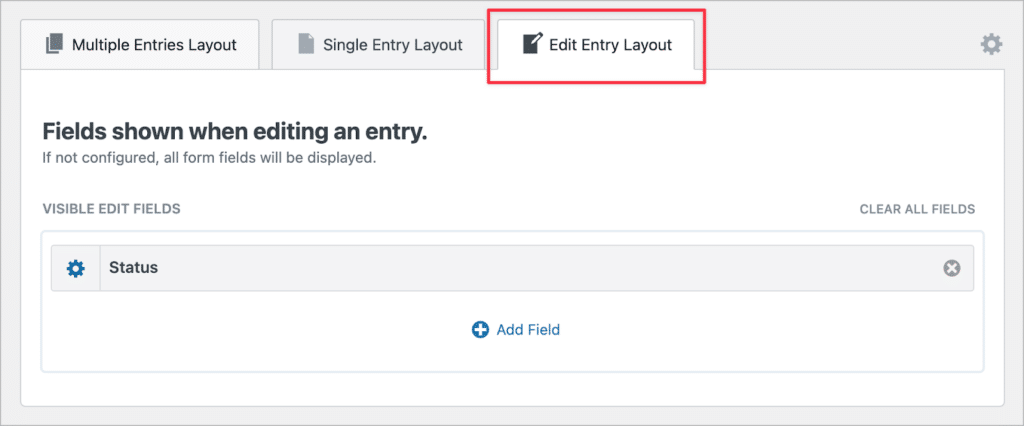 The 'Edit Entry Layout' in the GravityView editor; one field is added here–the 'Status field.