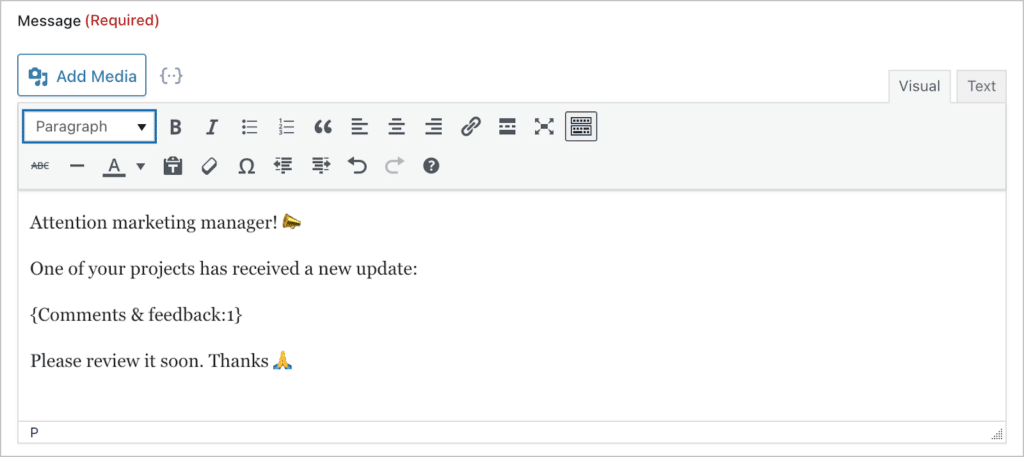 The notification message box showing a message addressed to marketing managers.