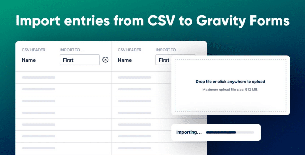 A promotional graphic for GravityImport; it reads: 'Import entries from a CSV to Gravity Forms'