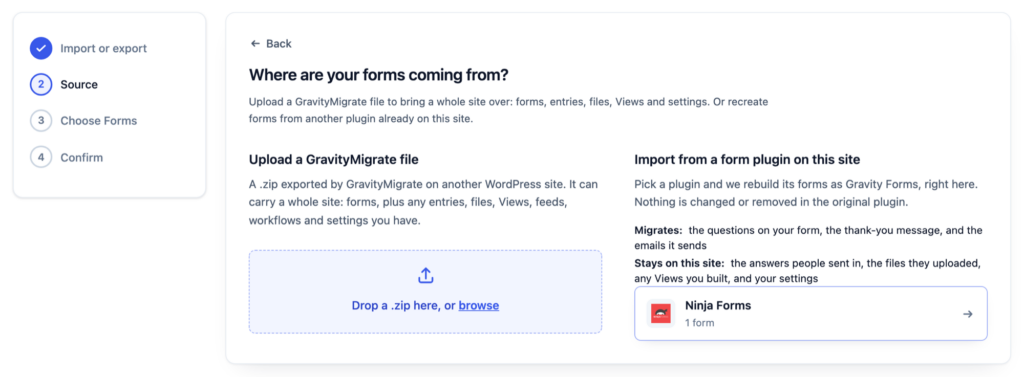 The GravityMigrate Source step, with Ninja Forms listed under Import from a form plugin on this site