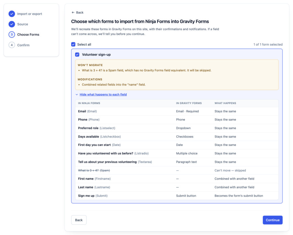 The Choose Forms step for a Ninja Forms volunteer sign-up form, listing what won't migrate, the modifications, and a table of what happens to each field