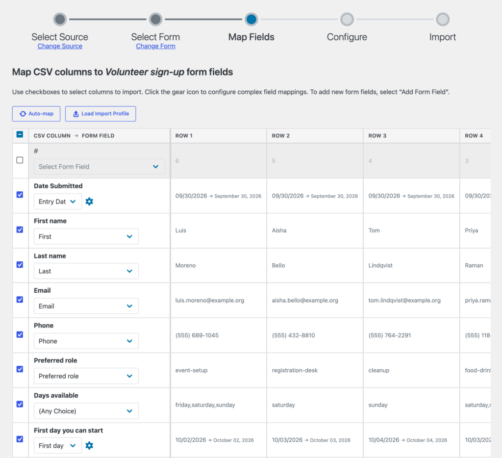 GravityImport's Map Fields step, with the Ninja Forms CSV columns mapped to the new form's fields and Date Submitted mapped to Entry Date