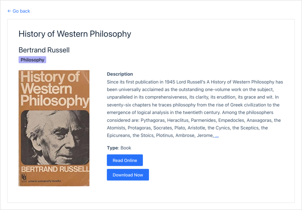A library book page with the cover, description, and buttons to read the book online or download it