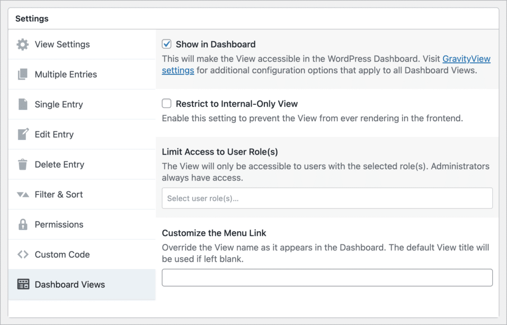 The Dashboard Views settings in the GravityView settings