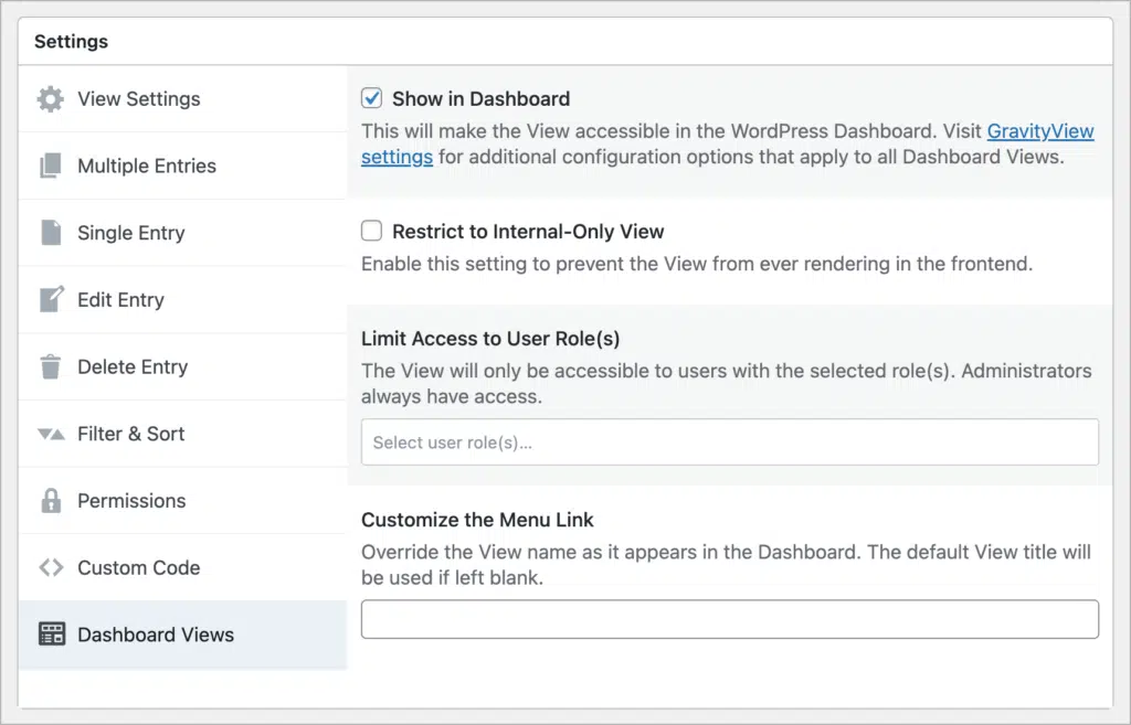 The Dashboard Views settings in the GravityView settings
