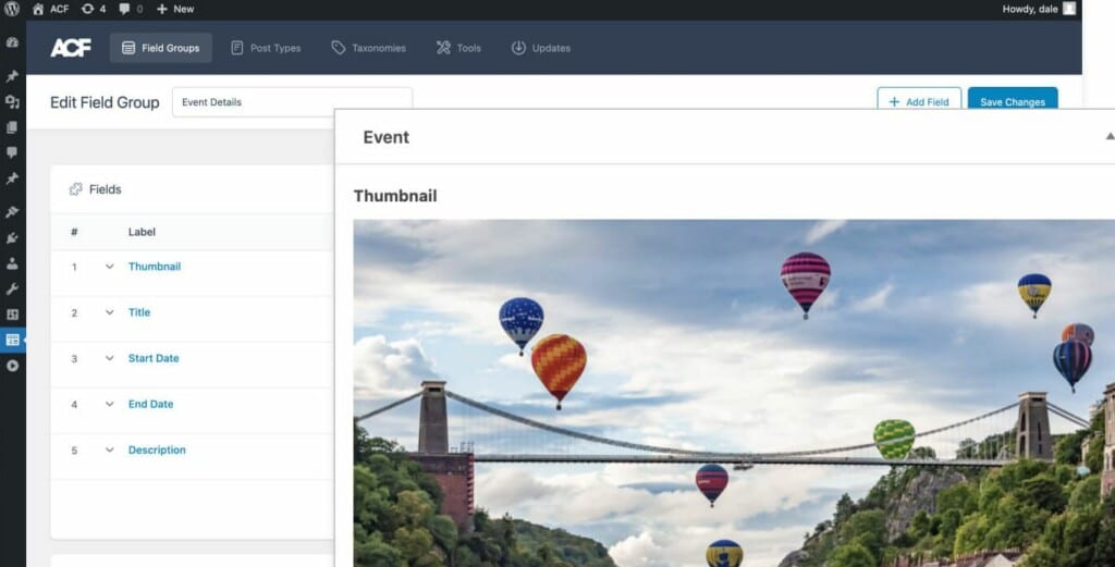 A screenshot of the ACF backend