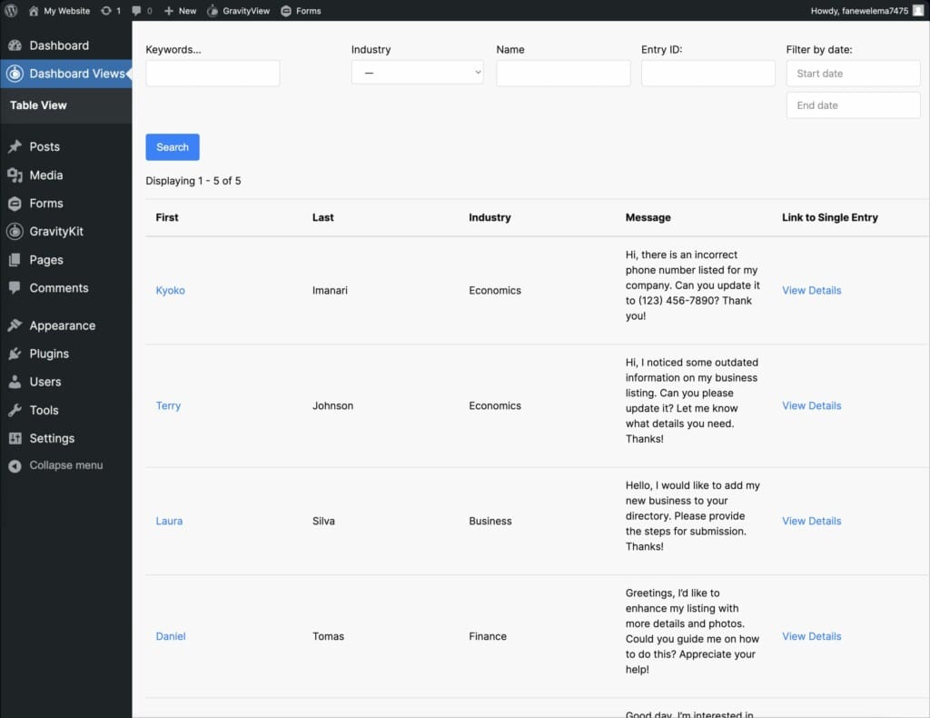 A GravityView View displaying inside the WordPress admin dashboard