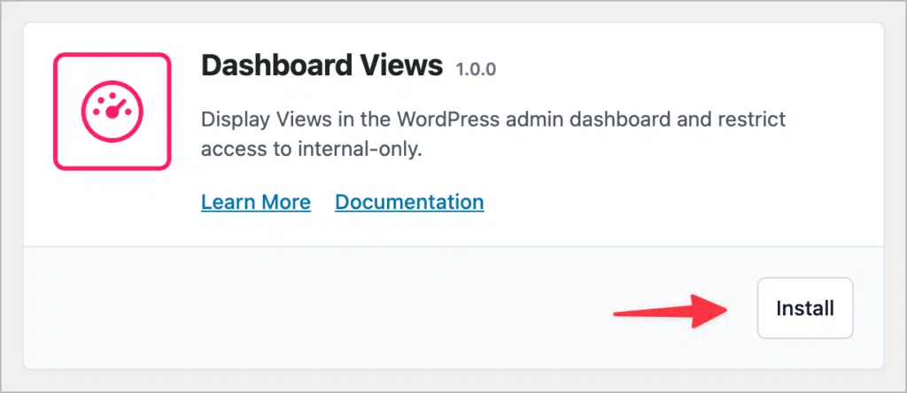An arrow pointing to the 'Install' button for the Dashboard View extension