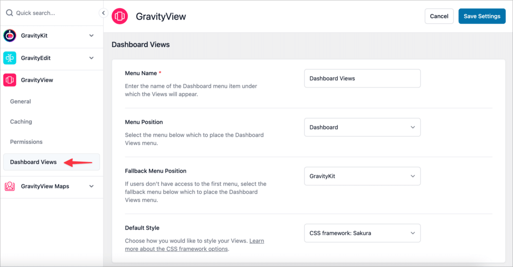 The Dashboard Views global settings on the GravityKit 'Settings' screen