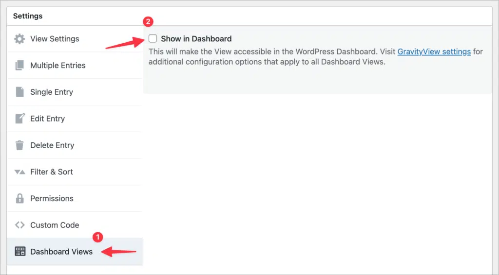 A checkbox labeled 'Show in Dashboard' on the Dashboard Views settings tab in the GravityView editor