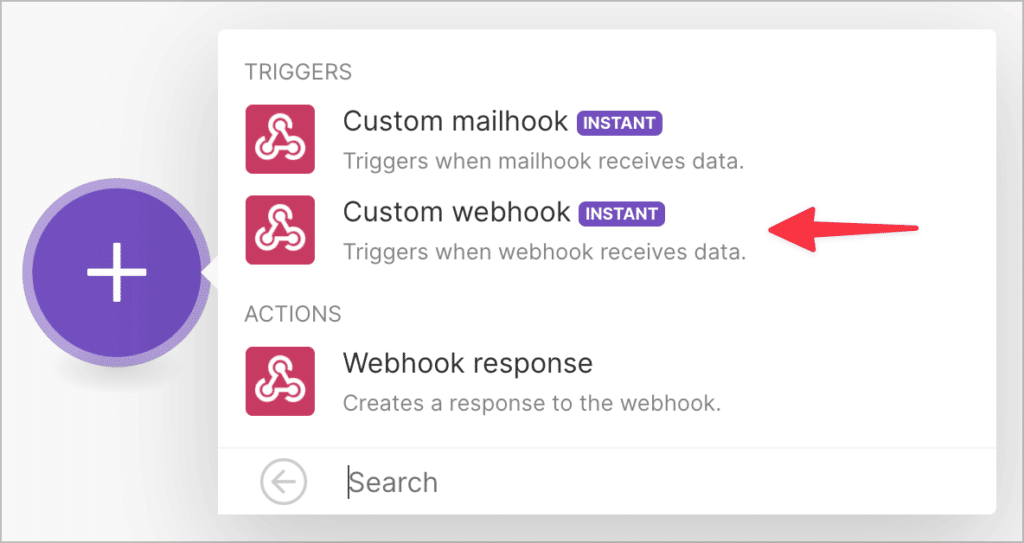 An arrow pointing to the 'Custom webhook' option in Make