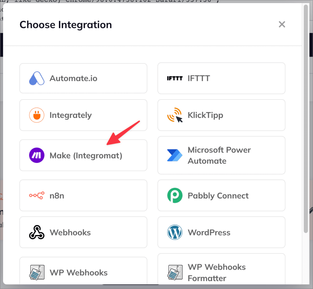 The 'Choose integration' menu, with an arrow pointing to 'Make'