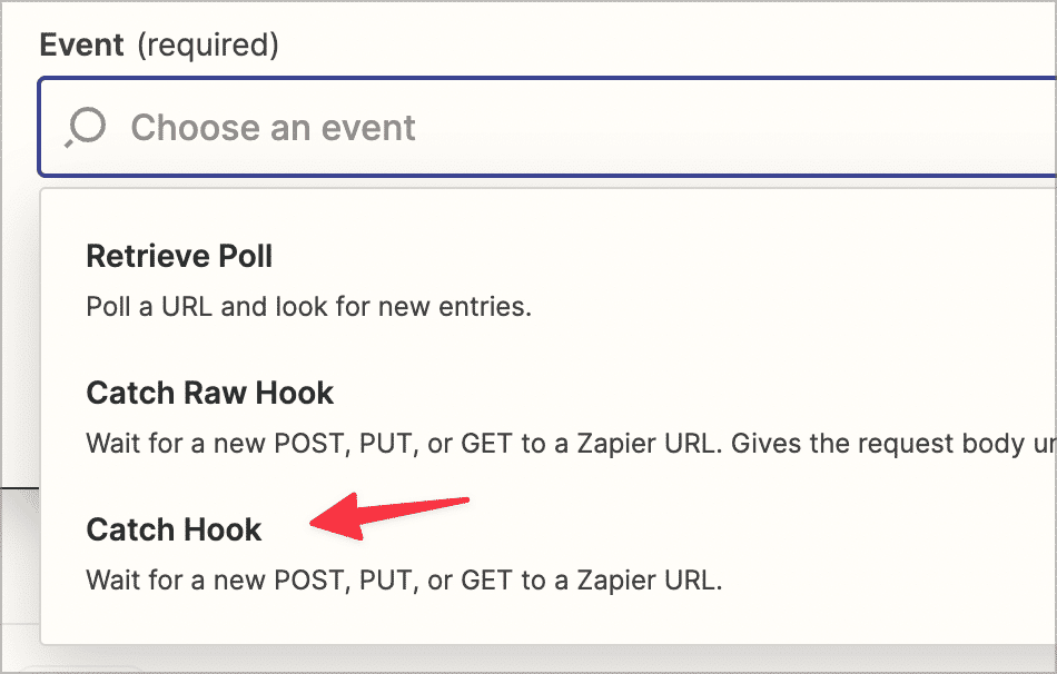 An arrow pointing to an option in a dropdown field that read 'Catch Hook'