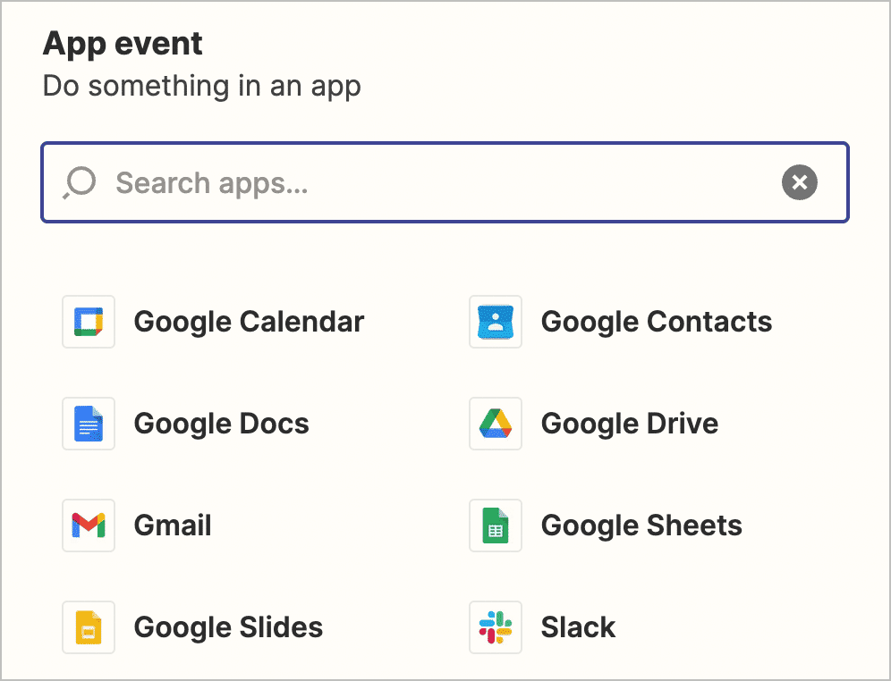 The app integrations supported in Zapier; there is a search bar at the top to search for apps.