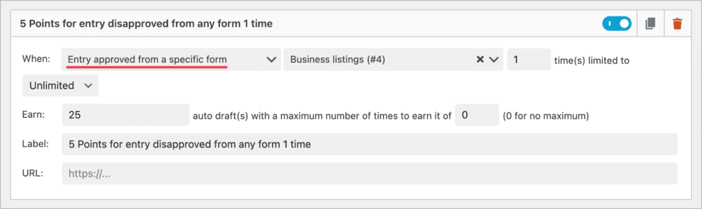 The configuration screen for adding a new points award