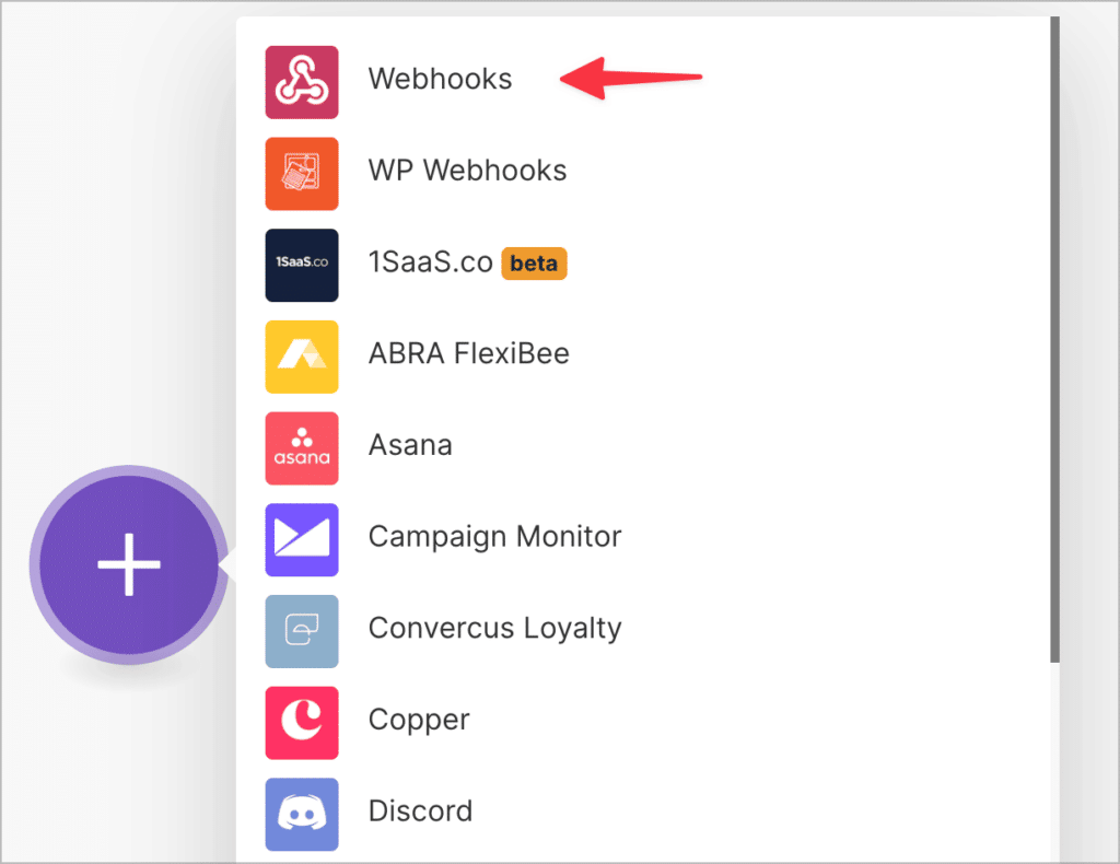 The menu in Make for choosing an integration; there is an arrow pointing to 'Webhooks'
