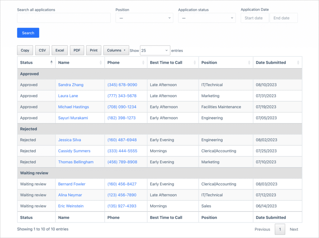 A job application management system