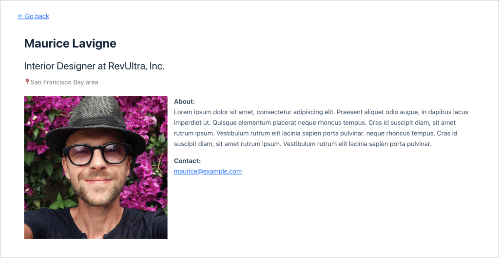 A user profile for someone named "Maurice Lavigne"; here you can view information about this person such as their location, job, and email address