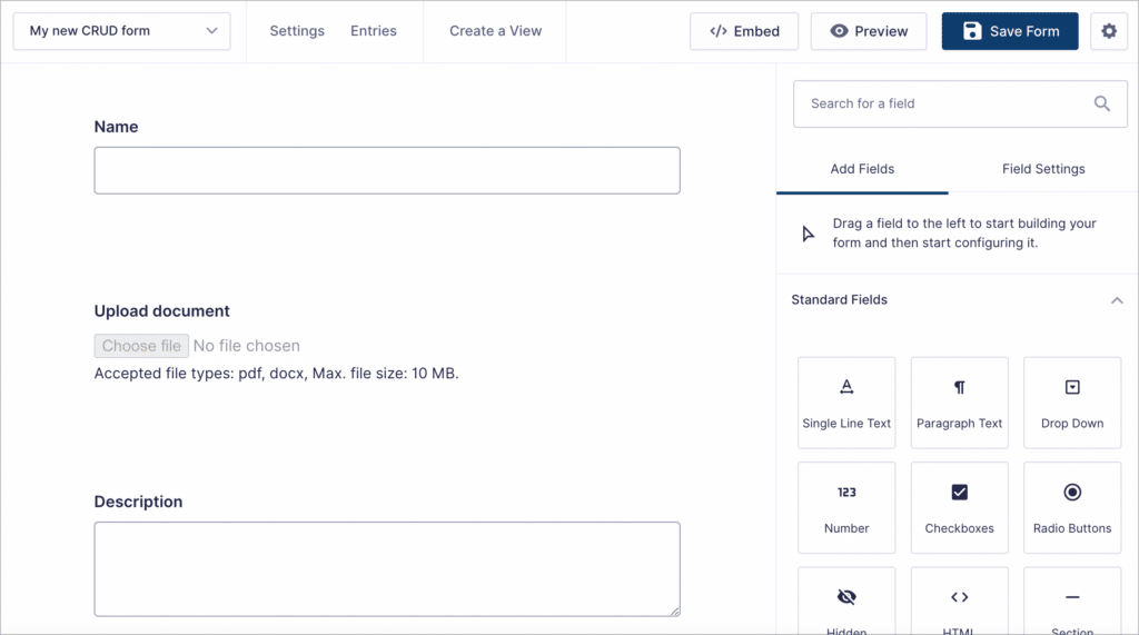 The Gravity Forms editor; there are 3 fields visible: Name, Upload document, and Description