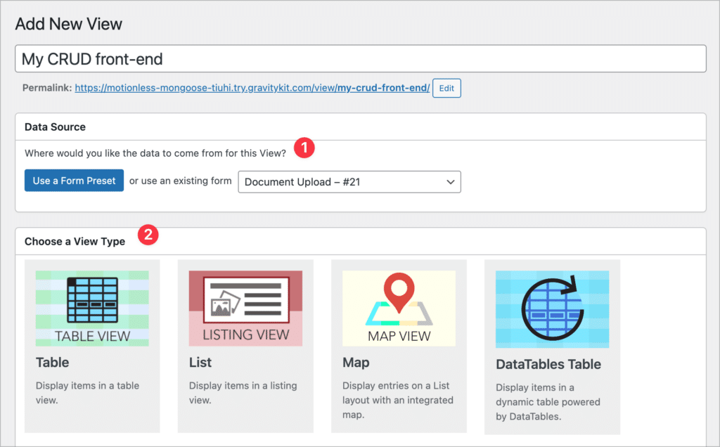 The screen that shows when creating a new View; the first step is to select a form as the data source; the second step is to choose a View type.
