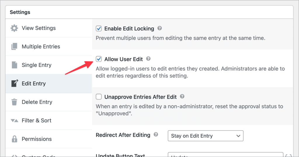 The 'Allow User Edit' checkbox in the View settings