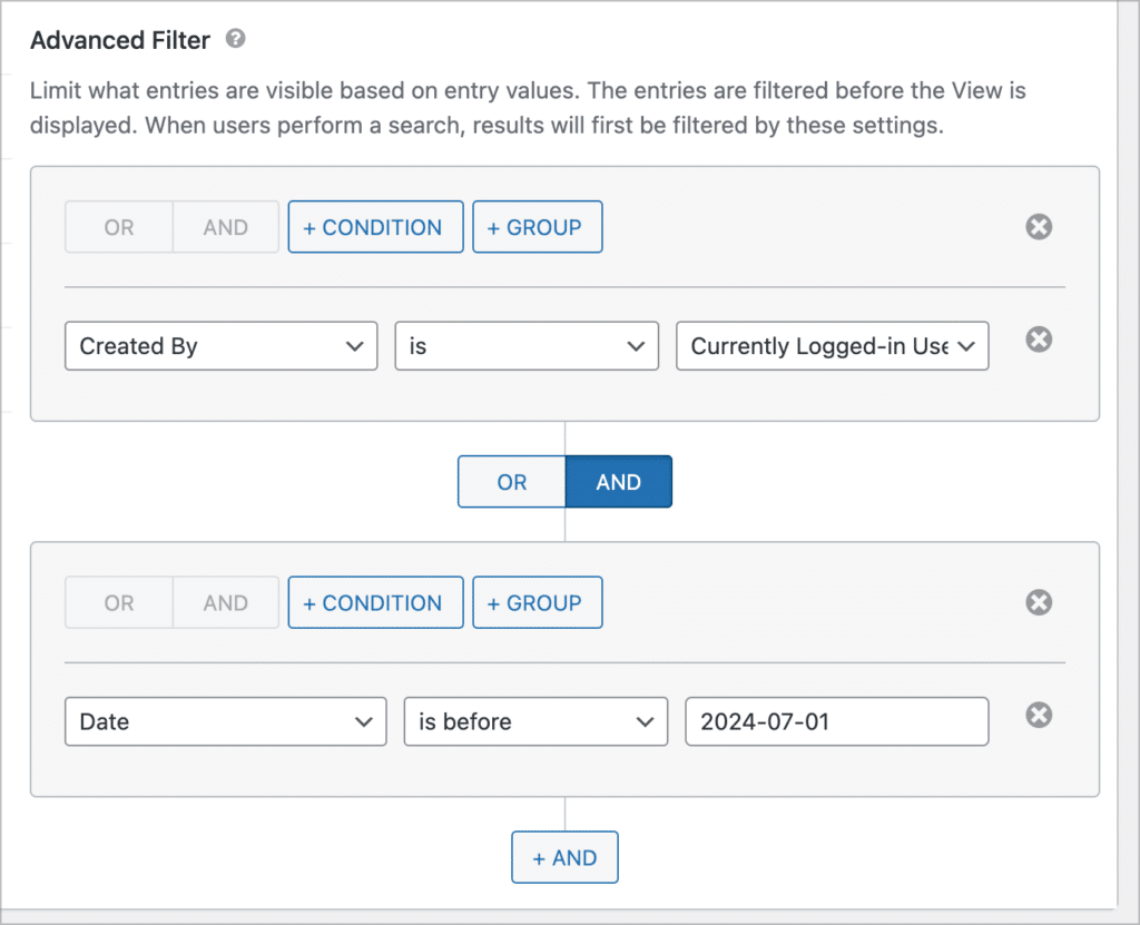 The advanced filter functionality in GravityView