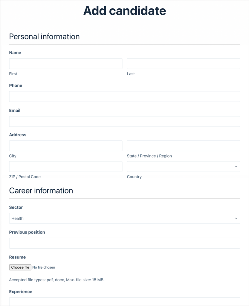 A form for adding candidates to a CRM