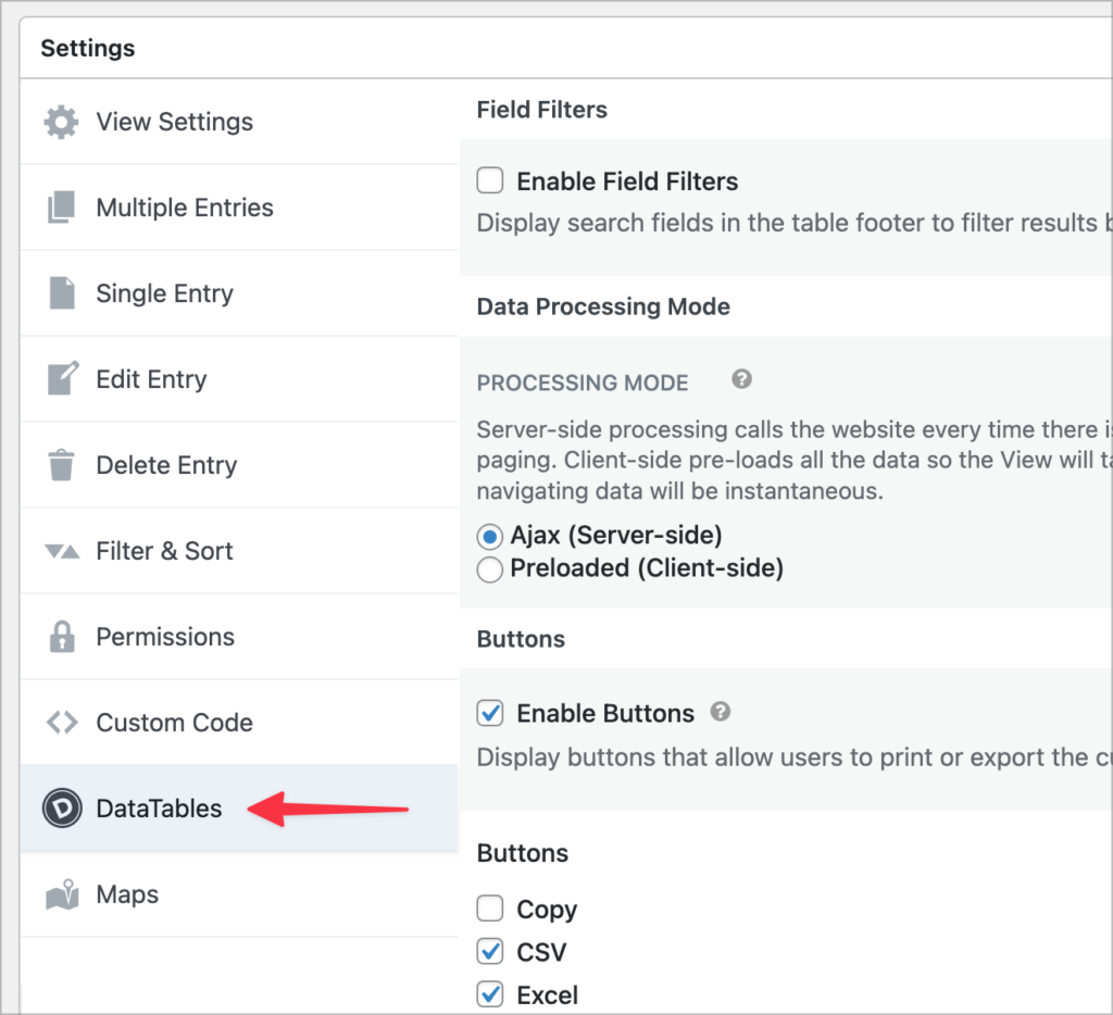 The DataTables settings in GravityView