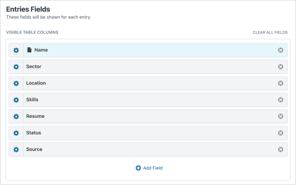 The entries fields section in the GravityView editor