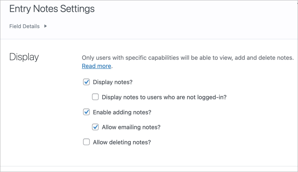 The entry notes settings