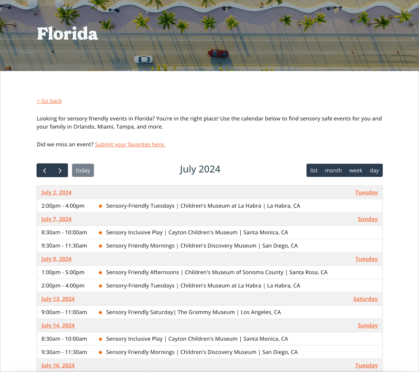 A calendar of sensory safe events taking place in Florida; dates and times are also shown