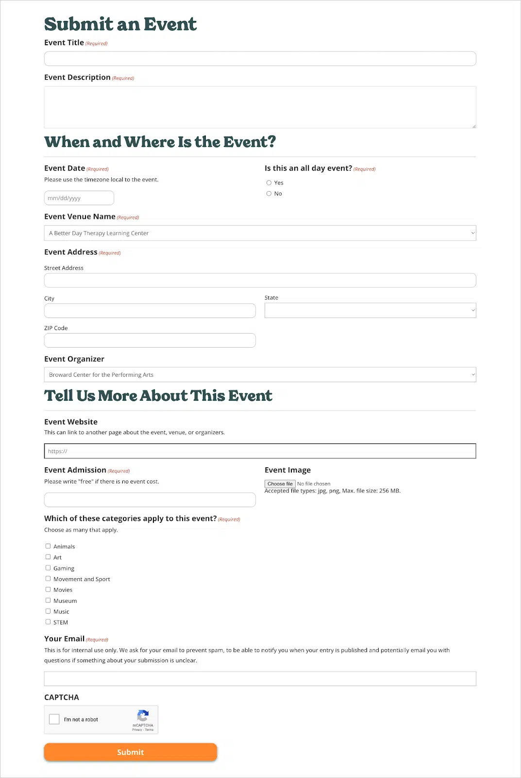A Gravity Forms for submitting events to the Sensory Safe directory