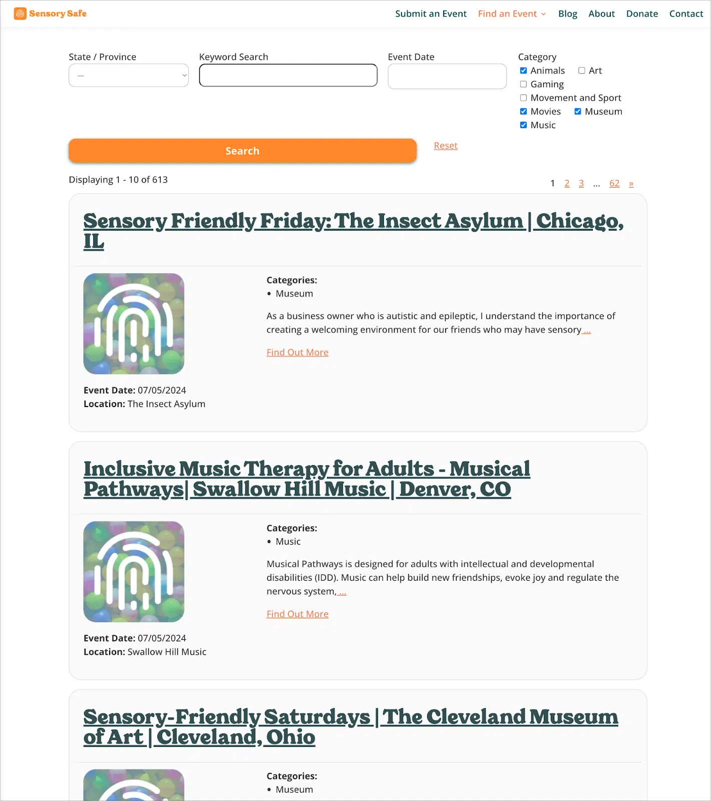 A directory of sensory safe events on the Sensory Safe Inc website