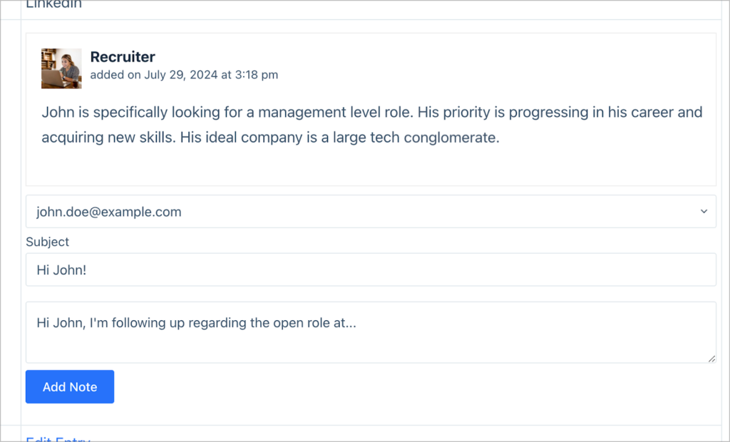 A note on a candidate profile adding by a recruiter; there is an email form below for sending emails to candidates.