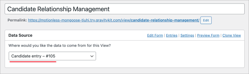 The View configuration panel for changing the name and selecting a data source