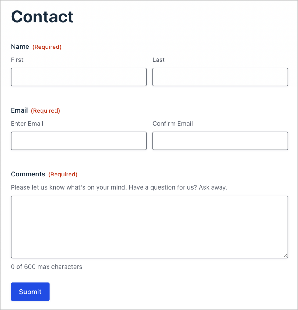 A contact form with fields for Name, Email, and Comments